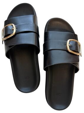 H&M Black Slide Sandals with Gold Buckle Accents
